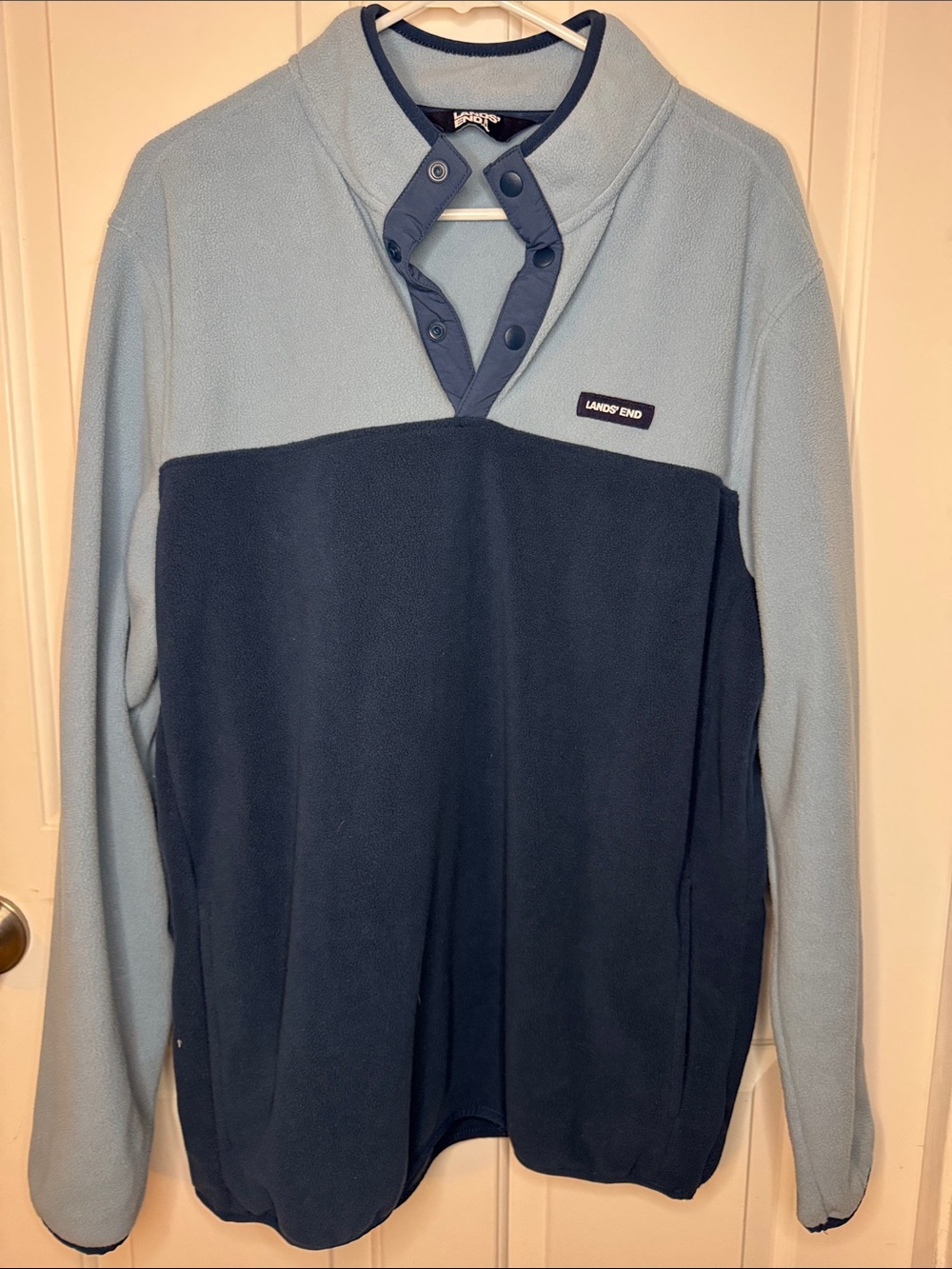 Lands' End Two-Tone Snap-Placket Fleece Pullover in Light Blue and Navy